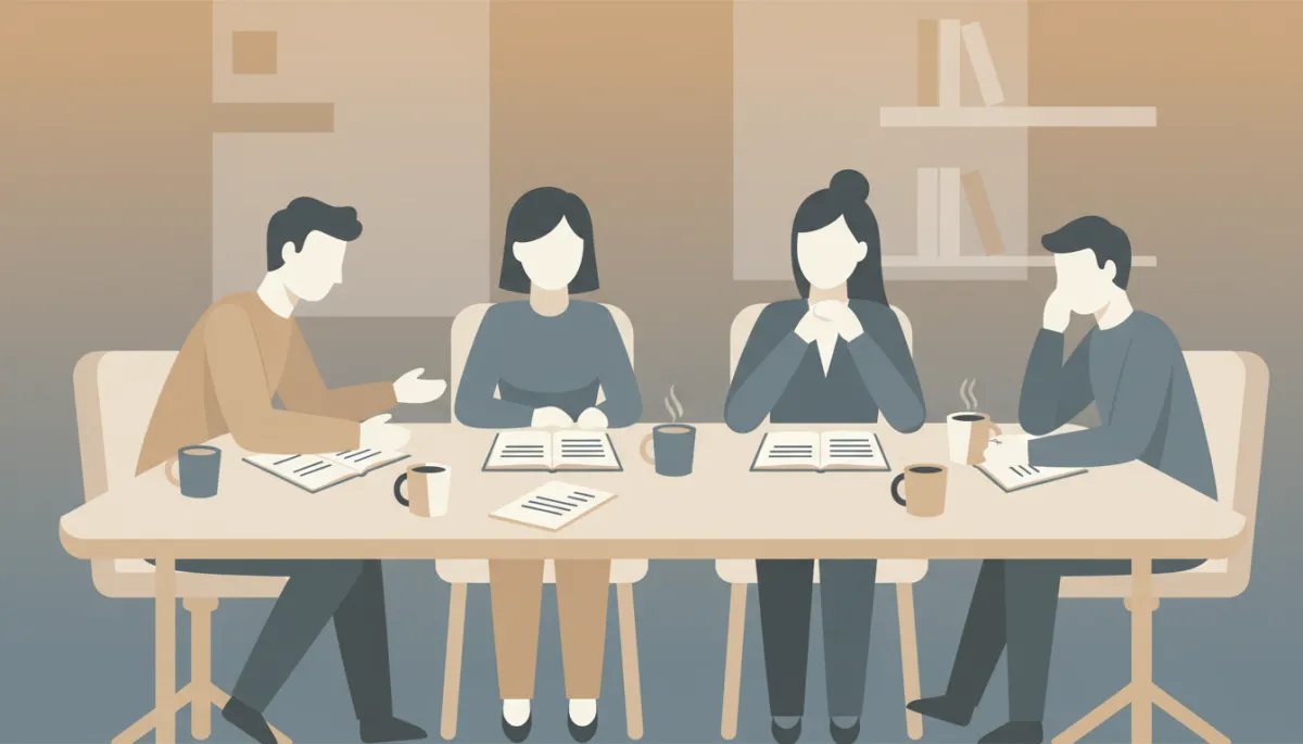 Group of people listening attentively as someone shares openly in a meeting Group of people listening attentively as someone shares openly in a meeting