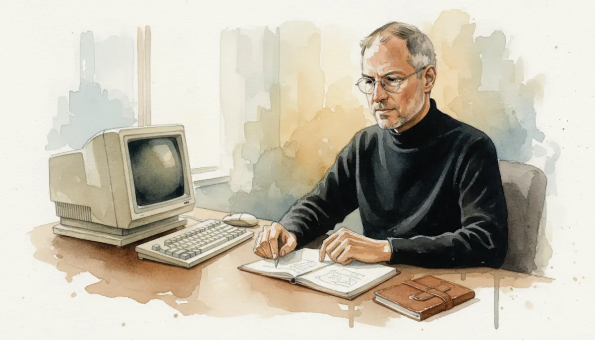 Steve Jobs sitting thoughtfully at a desk with an early computer and notebook