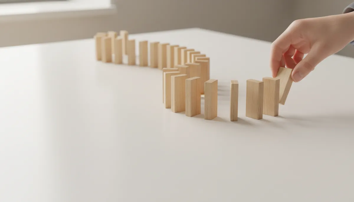 Hand placing a small domino at the start of a line, symbolizing momentum Hand placing a small domino at the start of a line, symbolizing momentum