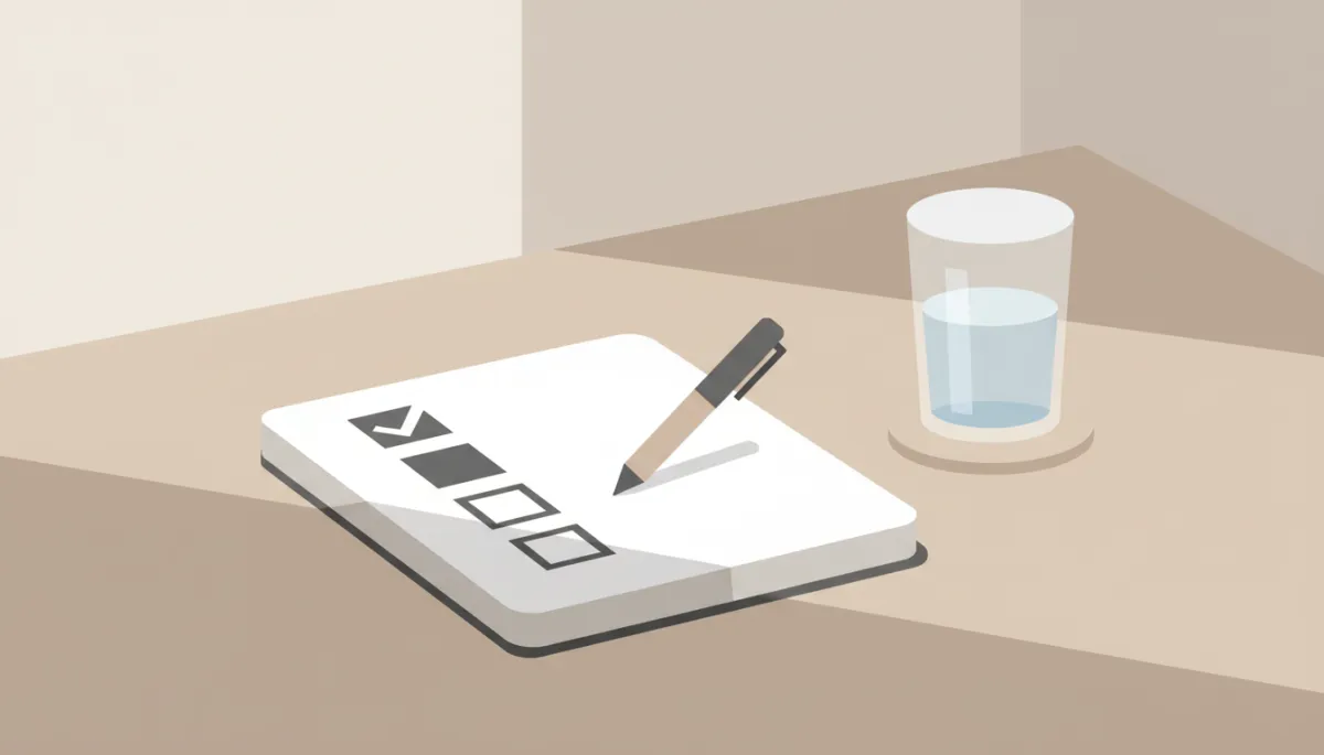 Professional neutral-toned photo of a tidy desk with an open checklist notebook symbolizing intentional daily habits Professional neutral-toned photo of a tidy desk with an open checklist notebook symbolizing intentional daily habits