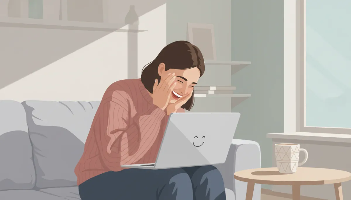 Person laughing while watching a comedy clip on a laptop