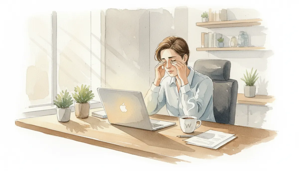 Tired person struggling to focus at a desk in a neutral office