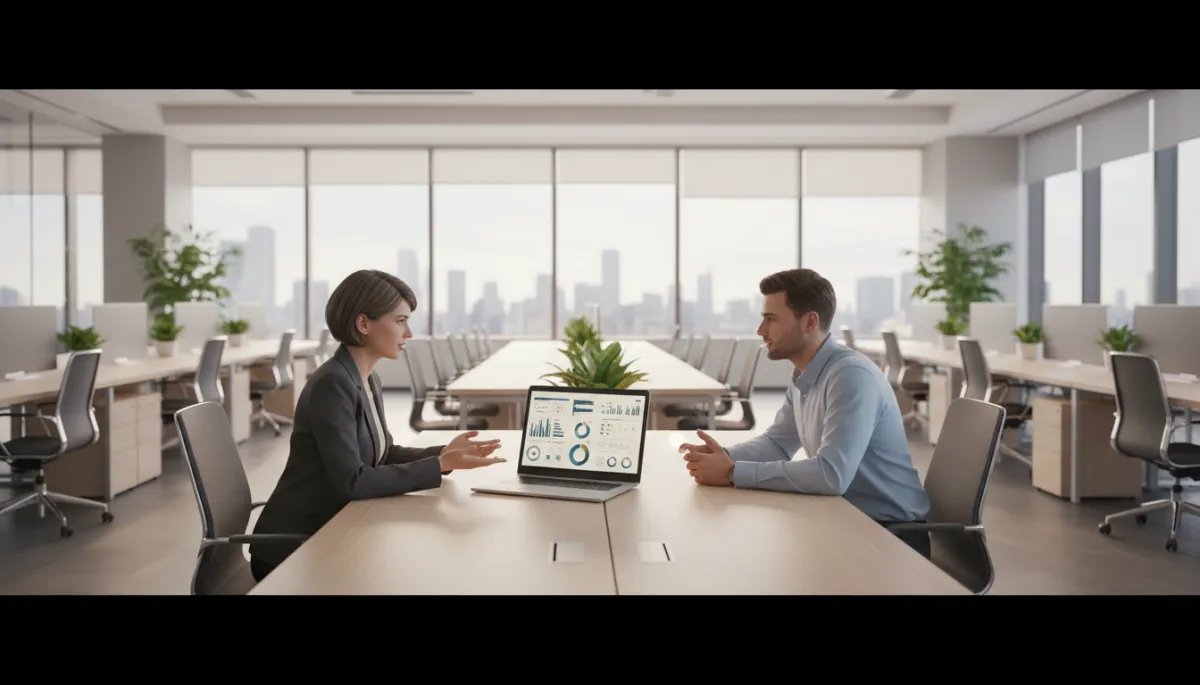 Manager and employee reviewing performance goals and metrics together on a laptop Manager and employee reviewing performance goals and metrics together on a laptop
