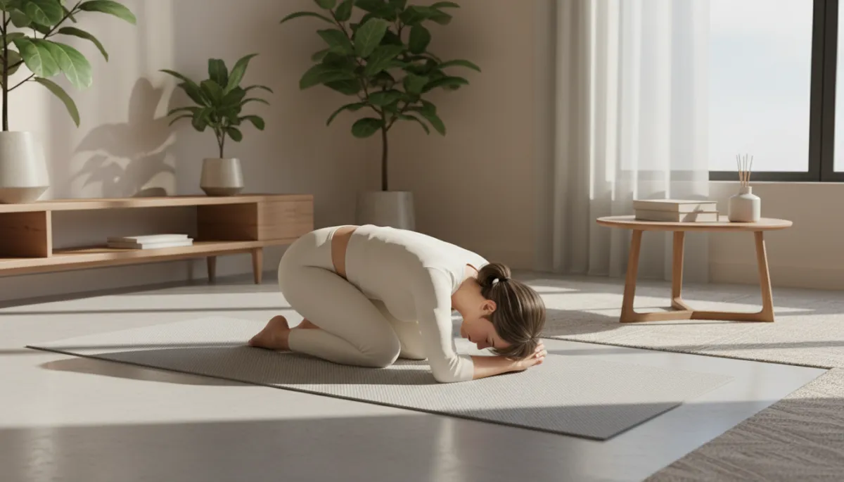 Woman over 40 practicing gentle yoga at home as part of her self-care routine