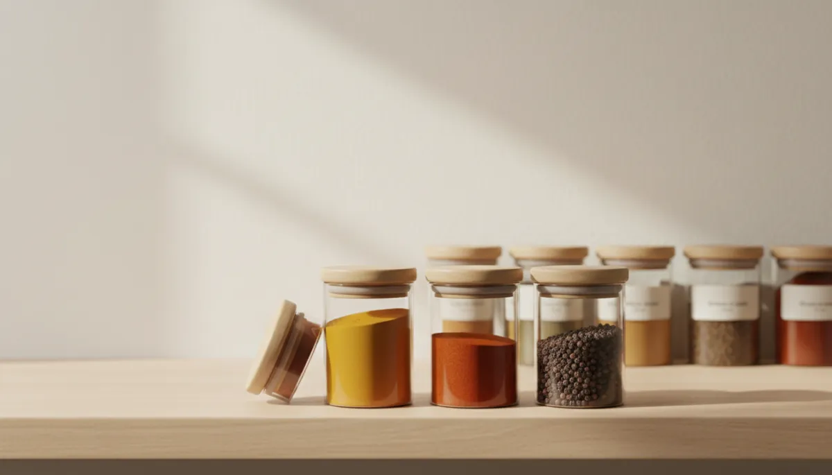 Minimalist spice rack with a few spices pulled forward as main focus Minimalist spice rack with a few spices pulled forward as main focus