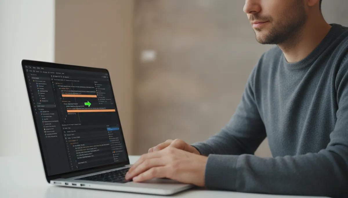 professional neutral-toned close-up of a developer calmly using a debugging tool on a laptop, with highlighted code and breakpoints visible on screen, symbolizing mindful awareness of inner patterns