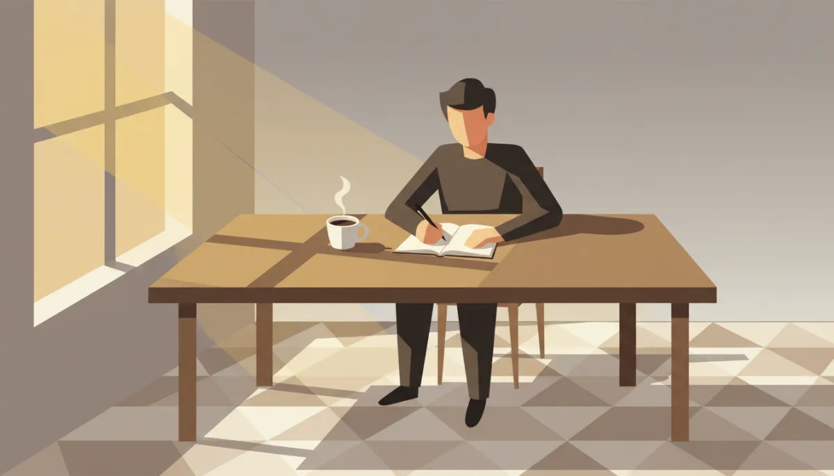 professional neutral-toned photograph of a person sitting at a wooden table with an open journal, a pen in hand, warm natural light from a nearby window, a cup of coffee beside them, atmosphere of quiet reflection and focus professional neutral-toned photograph of a person sitting at a wooden table with an open journal, a pen in hand, warm natural light from a nearby window, a cup of coffee beside them, atmosphere of quiet reflection and focus