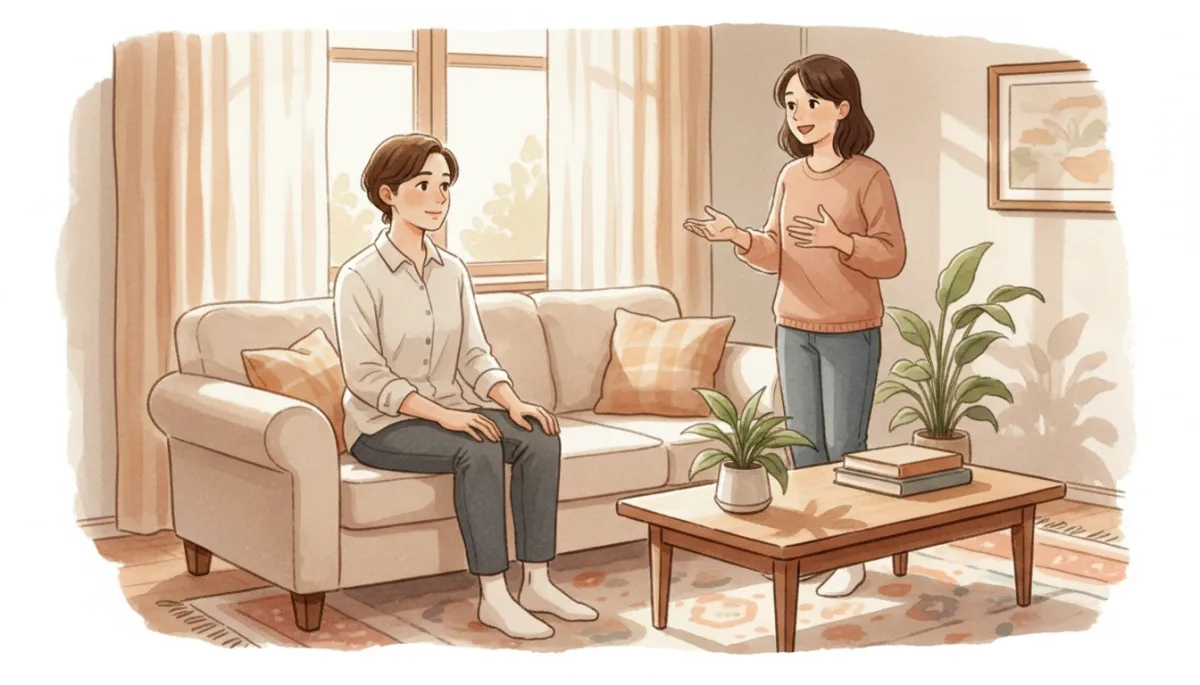 professional neutral-toned photograph of a person sitting upright in a quiet living room, eyes soft and attentive, hands resting on knees, another person nearby speaking with animated gestures, calm observer energy professional neutral-toned photograph of a person sitting upright in a quiet living room, eyes soft and attentive, hands resting on knees, another person nearby speaking with animated gestures, calm observer energy