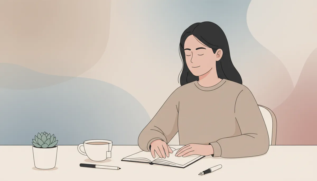 Person quietly journaling at a desk, creating calm emotional boundaries Person quietly journaling at a desk, creating calm emotional boundaries