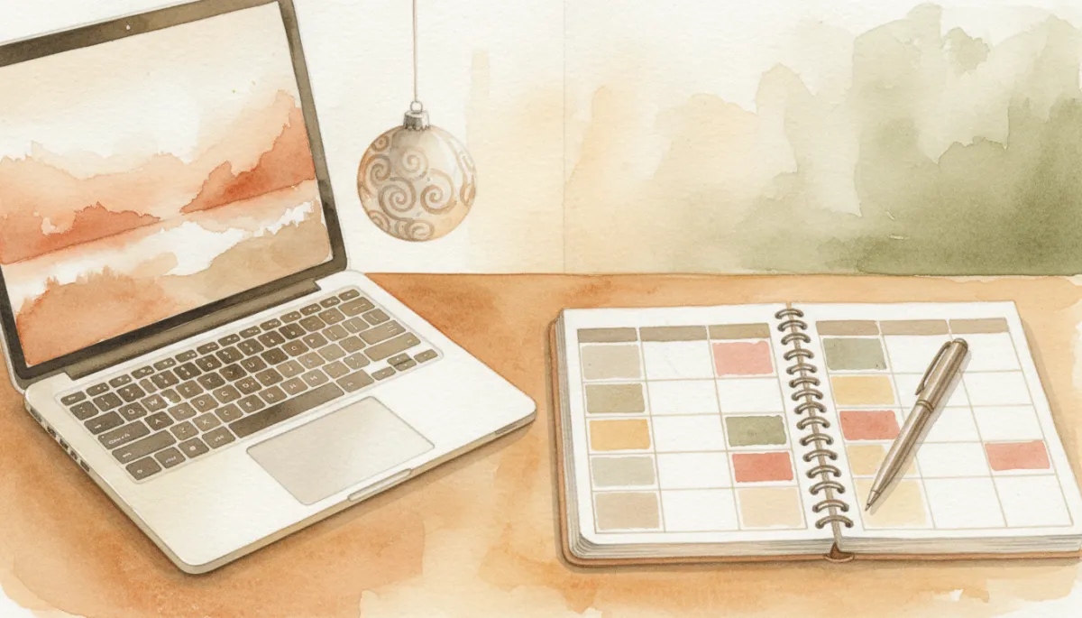 Desk with time-blocked planner and laptop in a professional setting Desk with time-blocked planner and laptop in a professional setting