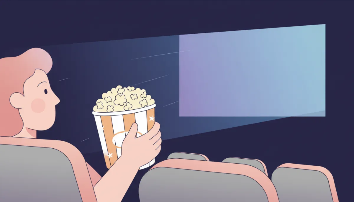 Professional scene of a person mindlessly eating popcorn at the cinema Professional scene of a person mindlessly eating popcorn at the cinema