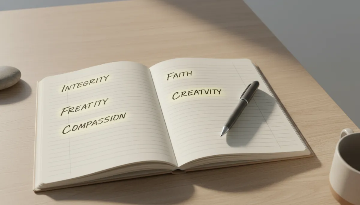 Notebook listing core personal values such as integrity, faith, and creativity