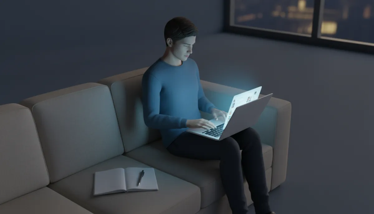 Person scrolling social media on a couch while their own plans sit untouched Person scrolling social media on a couch while their own plans sit untouched