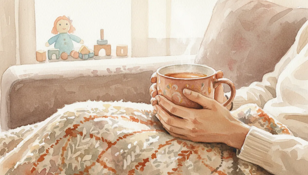 Hands holding a warm mug while sitting amid subtle household clutter Hands holding a warm mug while sitting amid subtle household clutter