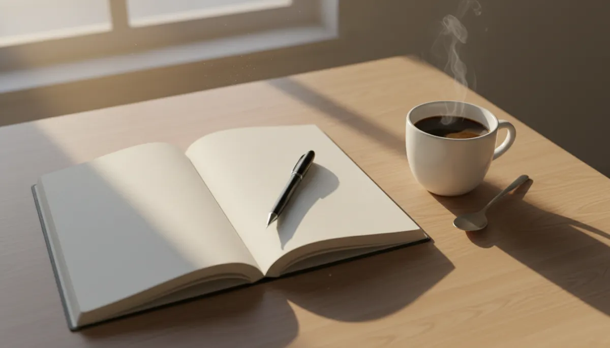 Open journal with pen and coffee in soft morning light Open journal with pen and coffee in soft morning light