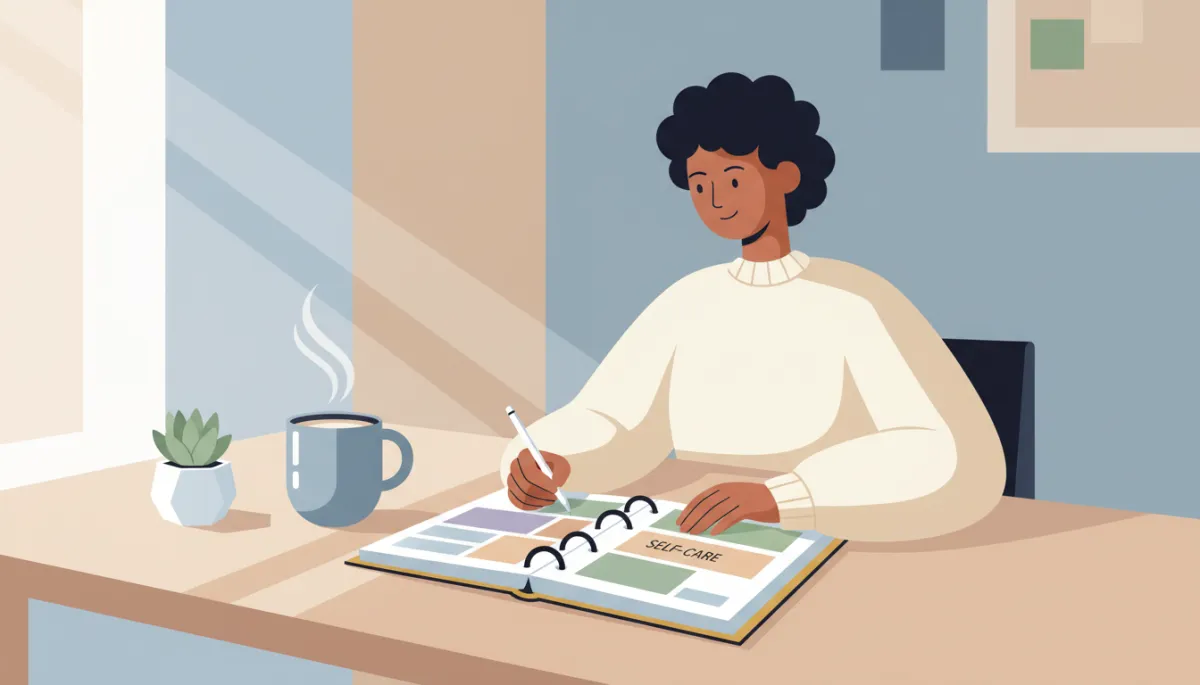 Professional neutral-toned photo of a person planning time for self-care
