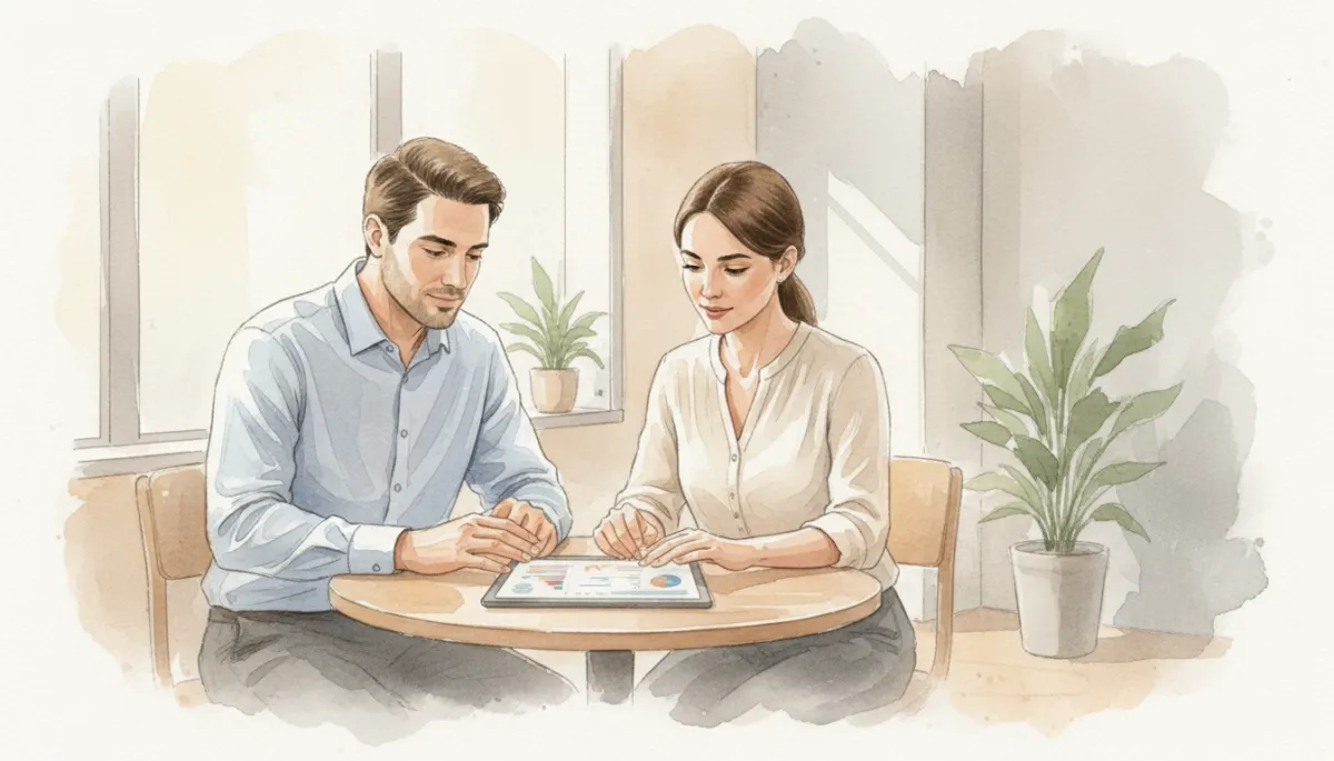 Manager and employee having a focused performance discussion in a neutral office setting Manager and employee having a focused performance discussion in a neutral office setting