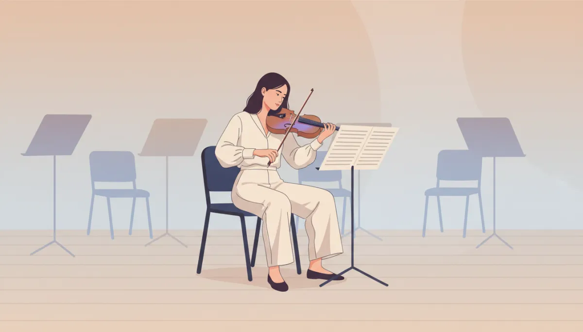 Young violist practicing alone in a quiet rehearsal room