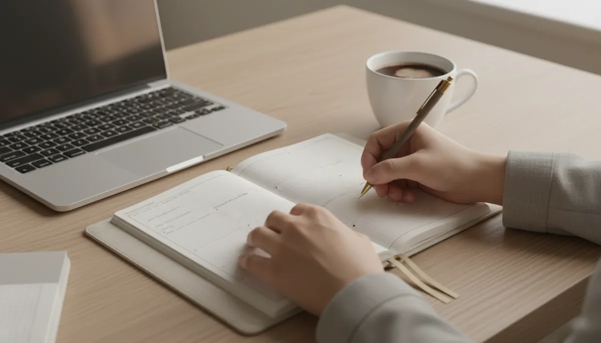 Person writing structured goals and reflections in a professional growth journal