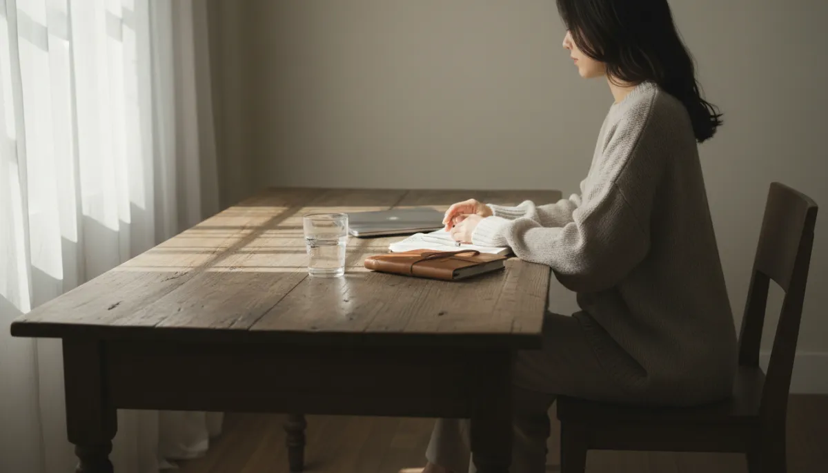professional photorealistic scene of a person sitting at a wooden desk with a journal, glass of water, and laptop closed, soft natural light through a window, neutral color palette conveying calm focus
