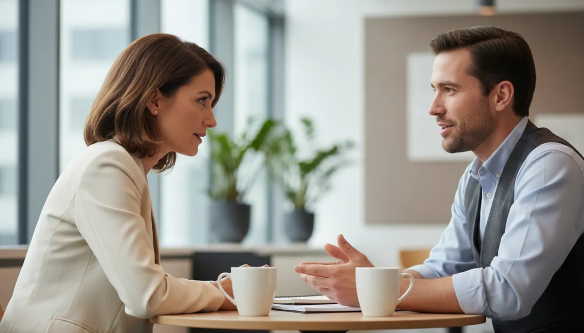 Two colleagues in a focused, honest one-on-one conversation in a neutral office Two colleagues in a focused, honest one-on-one conversation in a neutral office