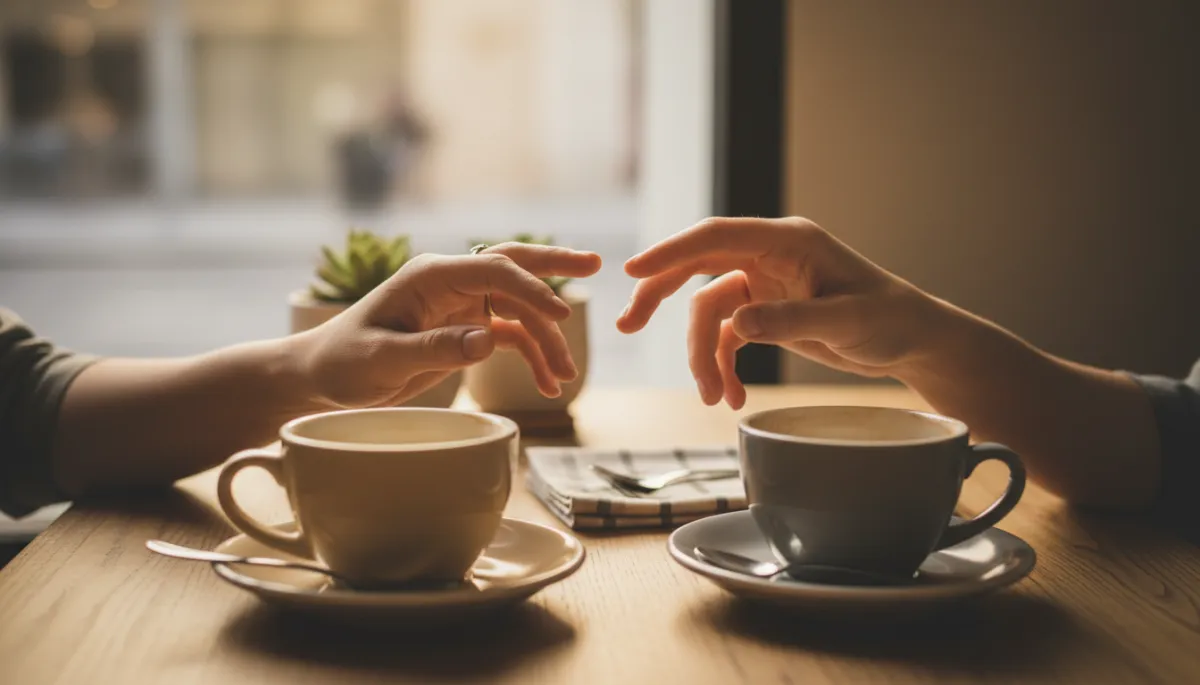 Two people sitting together, their hands close but not quite touching, suggesting unspoken feelings Two people sitting together, their hands close but not quite touching, suggesting unspoken feelings