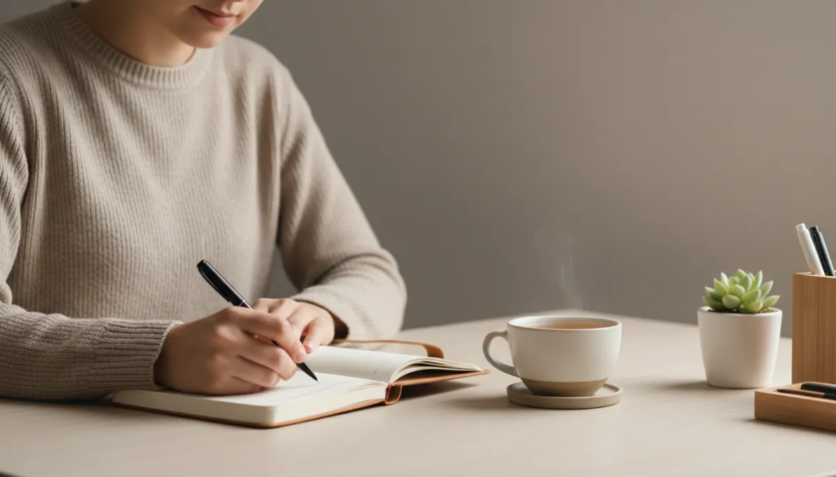 professional neutral-toned photorealistic close-up of a person journaling at a tidy desk with a cup of tea, soft natural light, calm minimalist setting