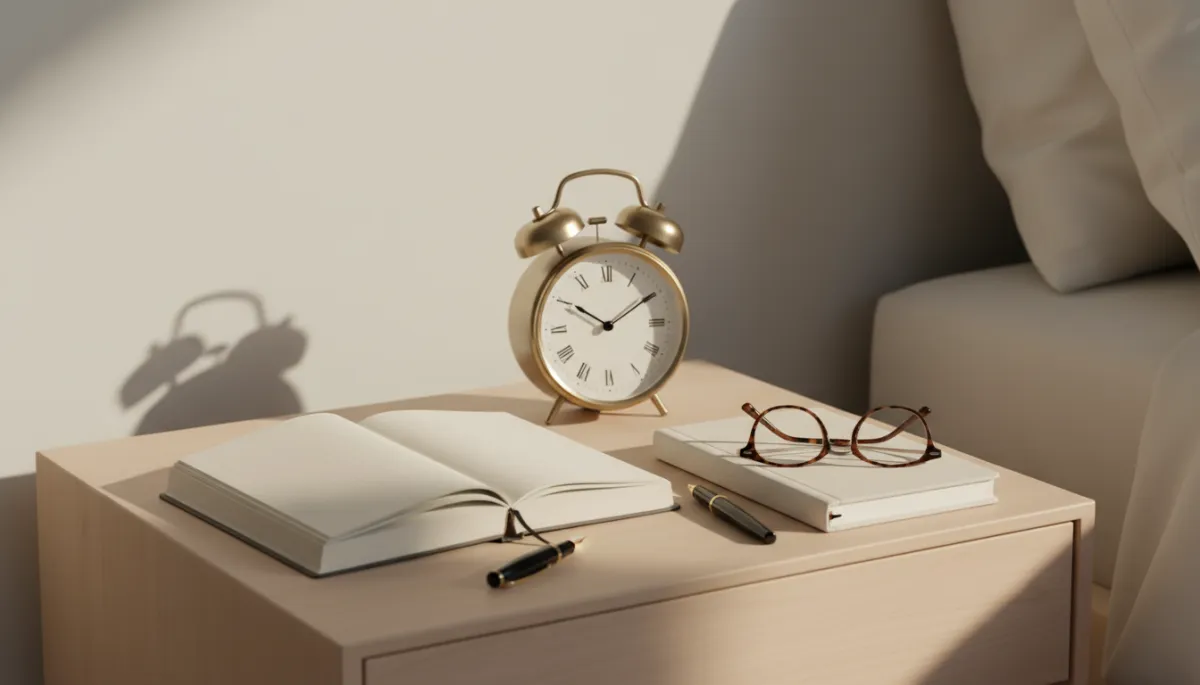 Journal and alarm clock on a tidy bedside table Journal and alarm clock on a tidy bedside table