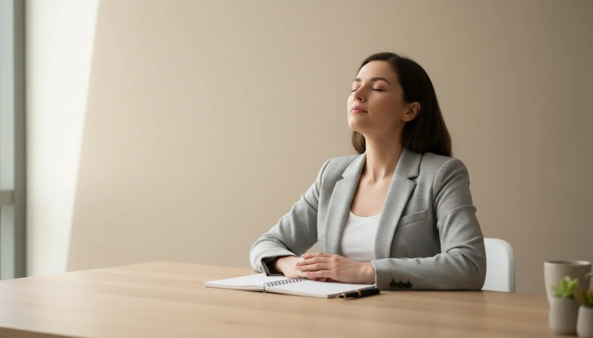Person pausing to take a mindful breath before reacting to an urge
