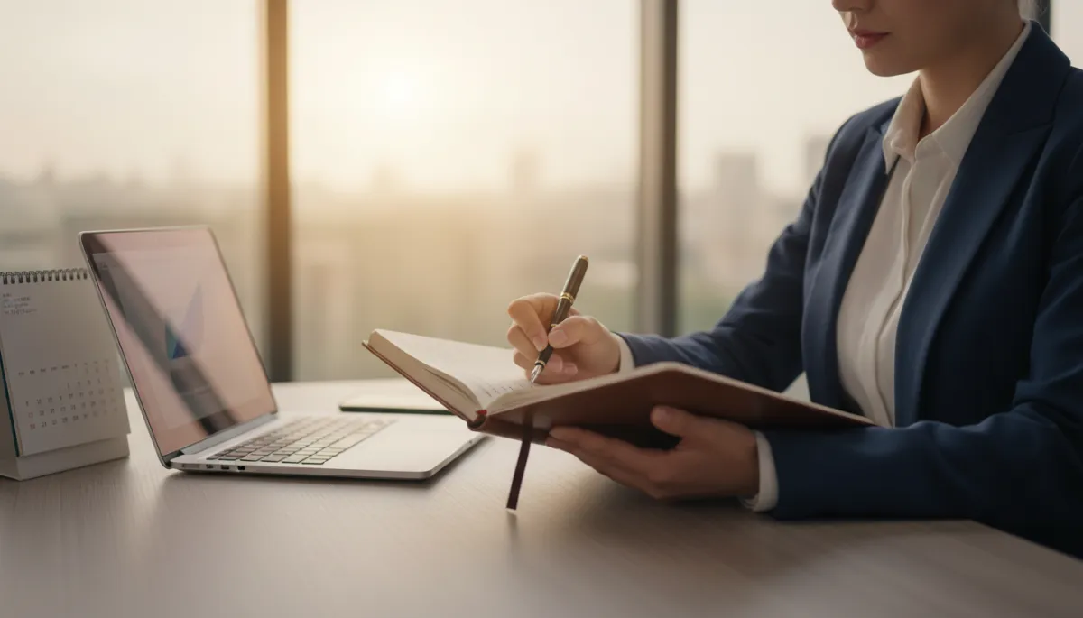 Professional reflecting on attitude, integrity, and failure in a work journal