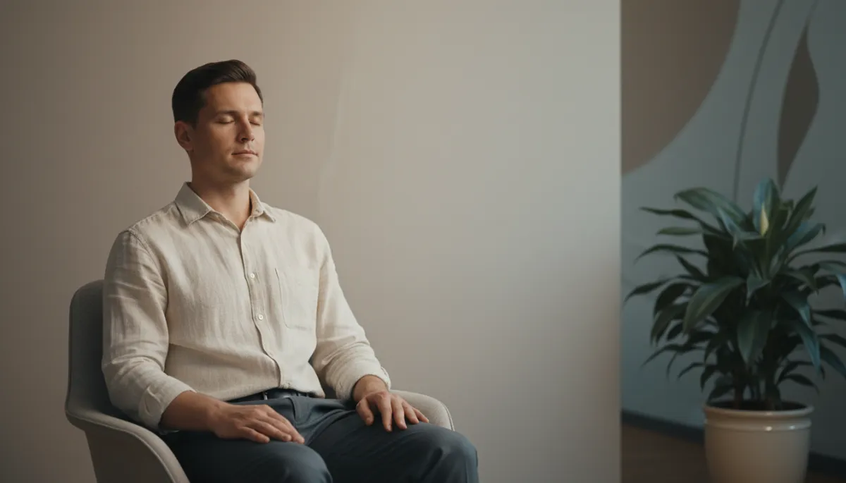 Person in a neutral-toned professional setting practicing calm mindful awareness Person in a neutral-toned professional setting practicing calm mindful awareness