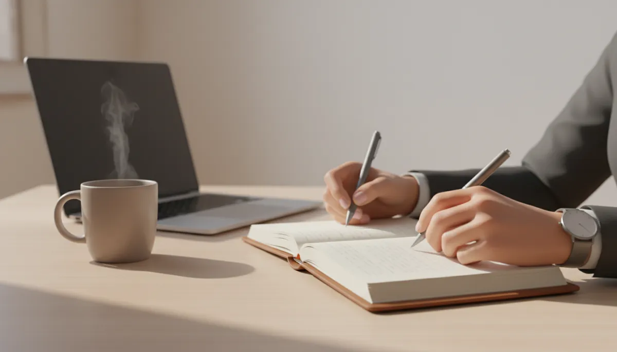 Professional journaling at a desk to reflect on mindset and goals