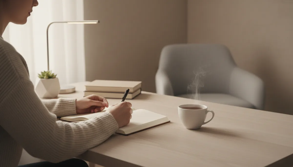 Person journaling at a calm desk, reflecting on their inner world Person journaling at a calm desk, reflecting on their inner world