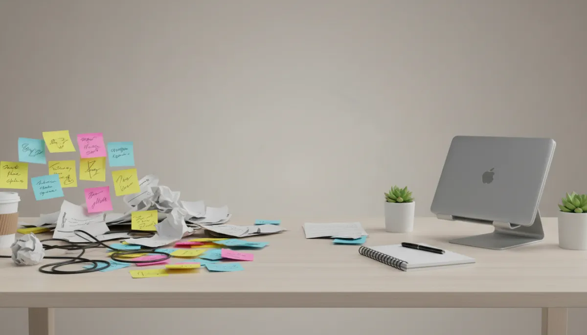 Desk showing contrast between cluttered piles and an organized workspace Desk showing contrast between cluttered piles and an organized workspace