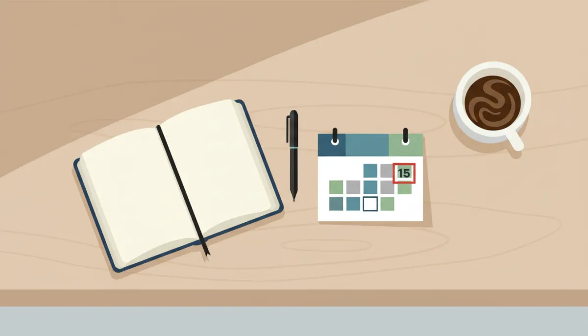 Organized desk with journal and calendar prepared for New Year planning Organized desk with journal and calendar prepared for New Year planning
