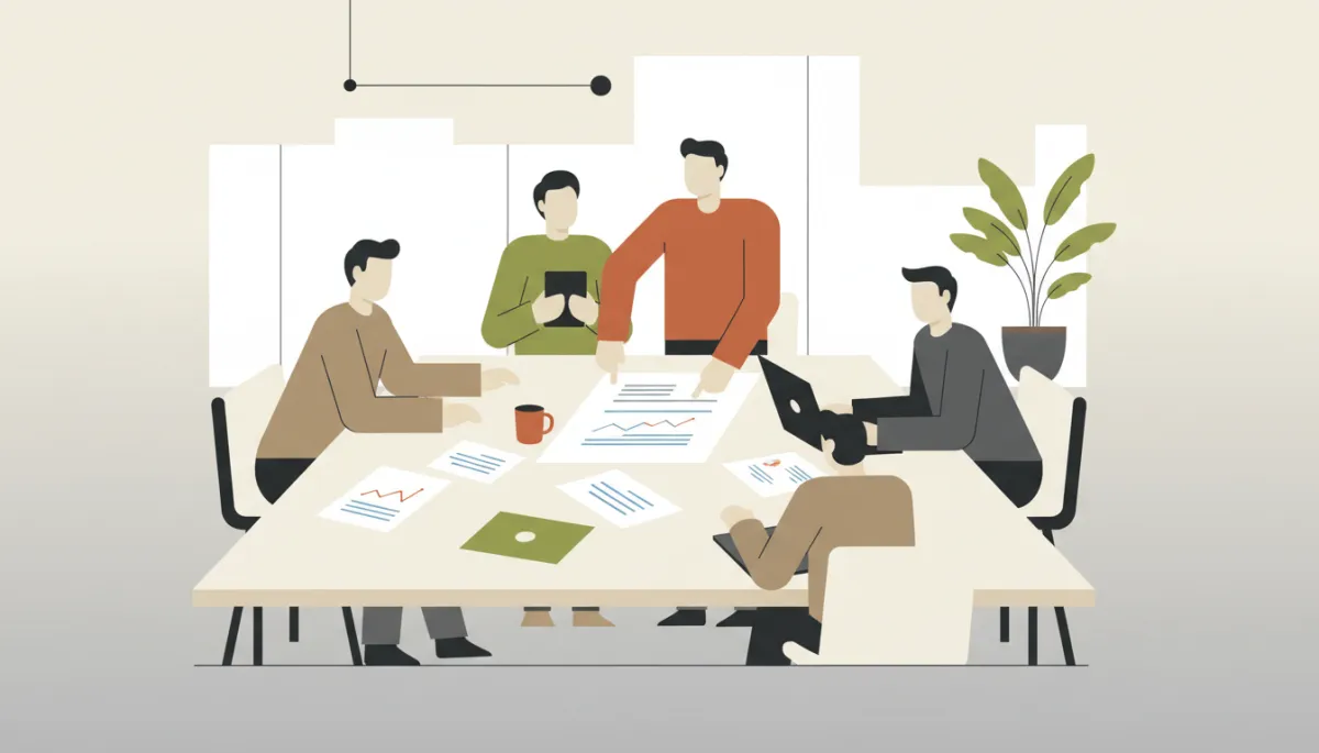 professional neutral-toned photo of a small team gathered around a table in a local office, business owner discussing plans with staff, documents and laptop on table, calm focused collaboration