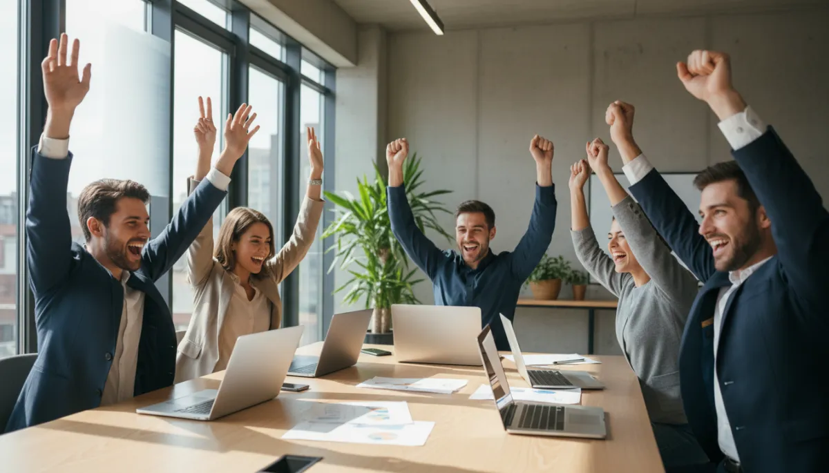 Entrepreneurs celebrating a breakthrough moment in a professional office setting Entrepreneurs celebrating a breakthrough moment in a professional office setting