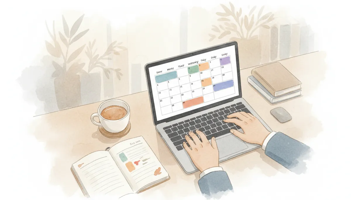 Professional reviewing a weekly time-blocked calendar on a laptop Professional reviewing a weekly time-blocked calendar on a laptop