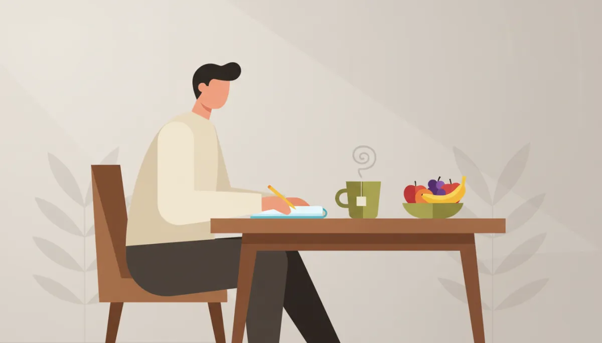 Professional photo of a person journaling with tea and fruit on a wooden table