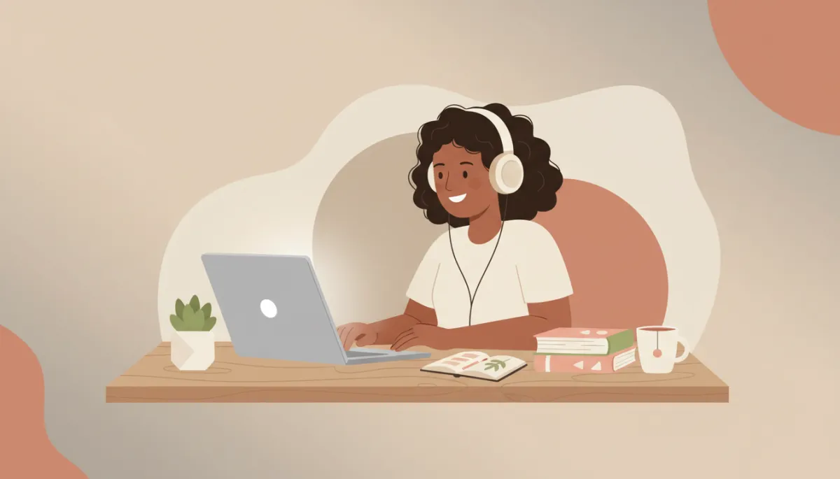 Person wearing headphones and working at a neat, neutral-toned desk