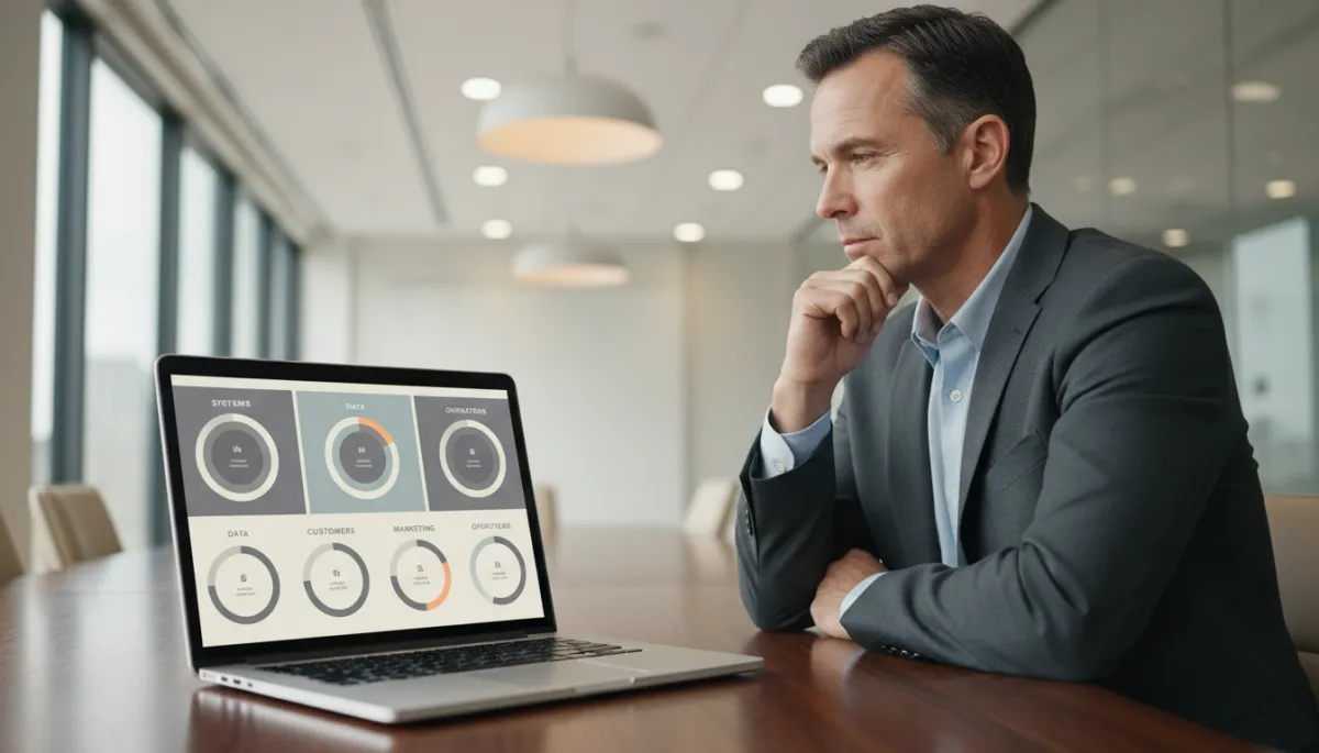 Business owner reviewing segmented business intelligence scores on a laptop Business owner reviewing segmented business intelligence scores on a laptop
