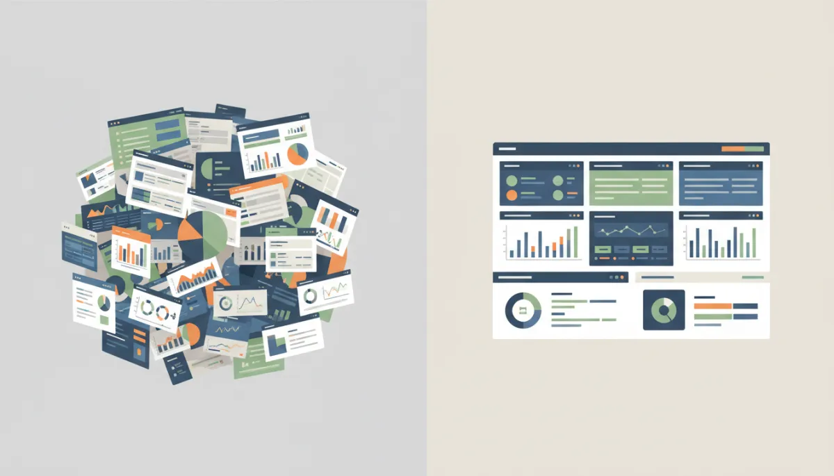 Comparison between fragmented business data and a unified analytics dashboard Comparison between fragmented business data and a unified analytics dashboard
