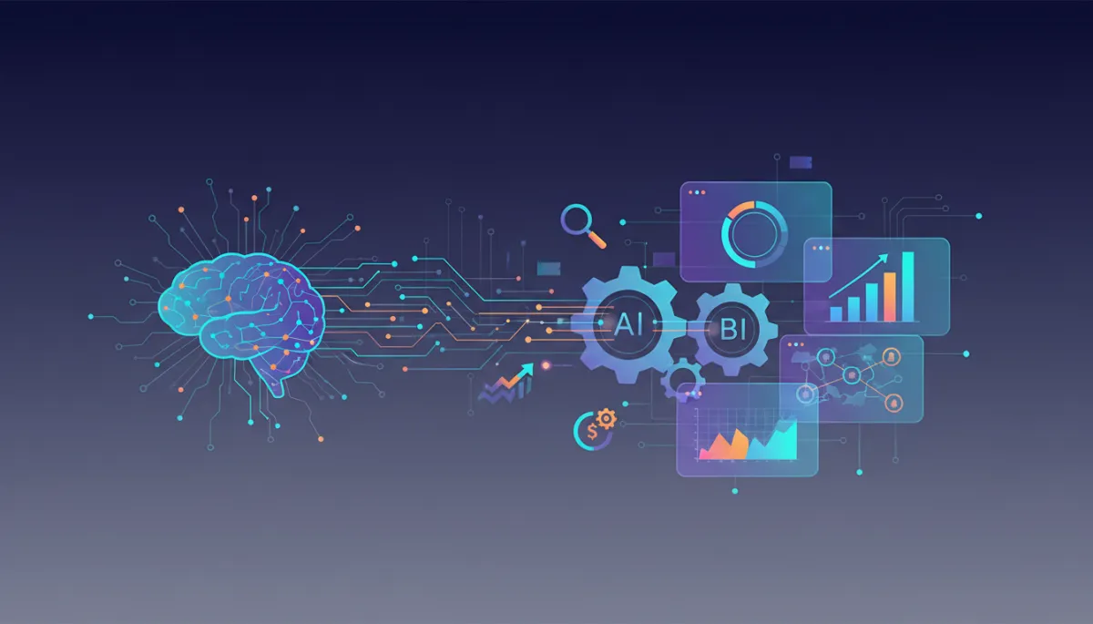 Leadership team analyzing AI-driven analytics dashboard in office