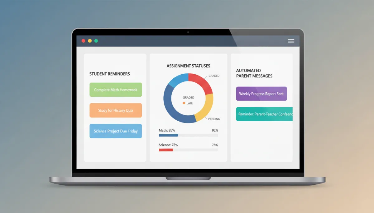 AI dashboard showing automated student reminders and assignment tracking for a teacher