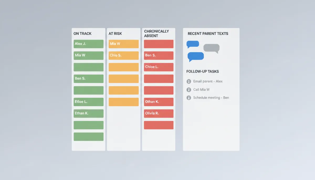 GoHighLevel pipeline mockup showing student attendance stages and communication history