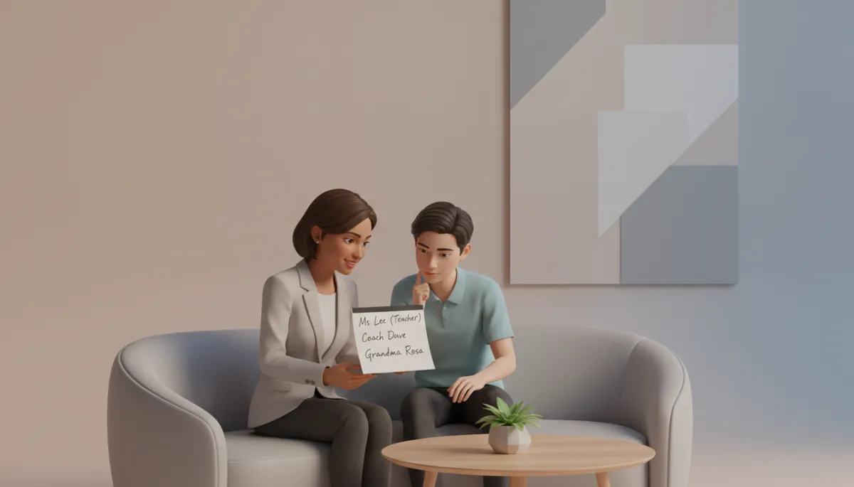 Counselor and student listing trusted adults together in an office