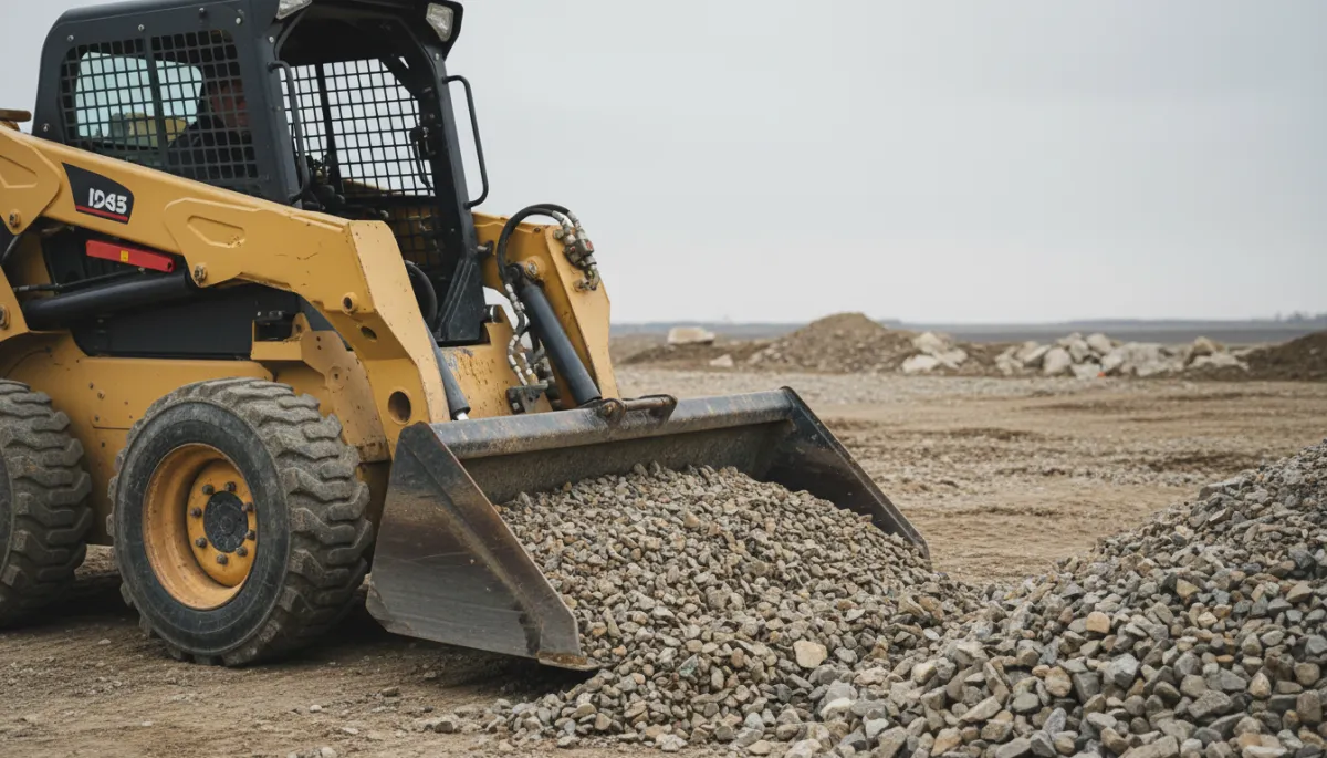 A skid steer with a heavy-duty dirt bucket scooping gravel on a busy jobsite. A skid steer with a heavy-duty dirt bucket scooping gravel on a busy jobsite.