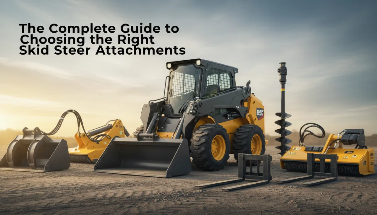 Skid steer loaders with various attachments on a gravel lot