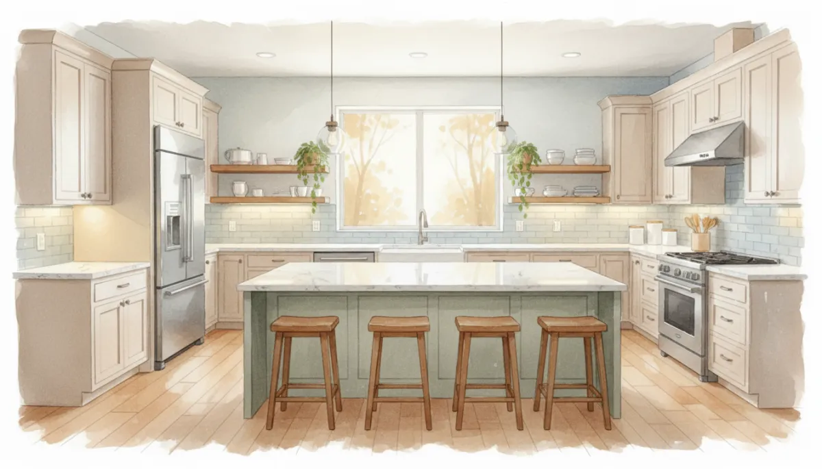 Neutral modern kitchen with shaker cabinets and island seating Neutral modern kitchen with shaker cabinets and island seating