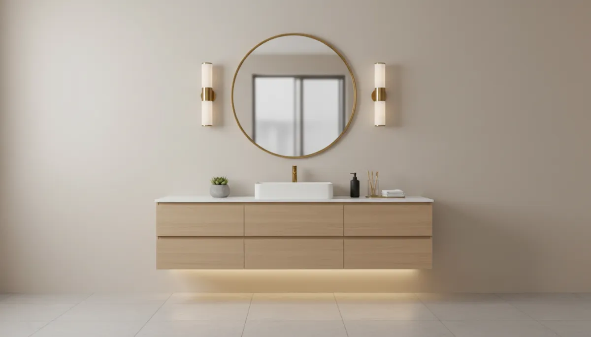 professional neutral modern bathroom vanity area with floating wood cabinet, round mirror, wall sconces on each side, subtle under-cabinet lighting, and neatly organized accessories